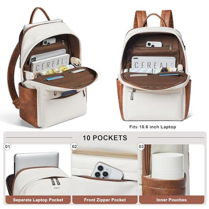 Vegan Leather Backpack for Women and Men, Fits 16.0 Inch Laptop, Multi-Pocket Design with Water Bottle and Luggage Strap, Ideal for Work, Travel, and Daily Use, Beige - color: 3-1 Beige