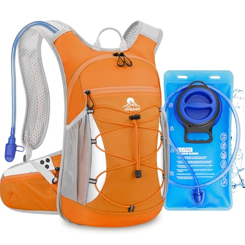 Hydration Backpack with 2L Water Bladder - Lightweight 15L Daypack with Phone-Sized Hip Belt Pockets, Anti-Chafe Cotton Edging & No-Bounce Straps - Small Water Backpack for Hiking, Running, Skiing - color: Orange