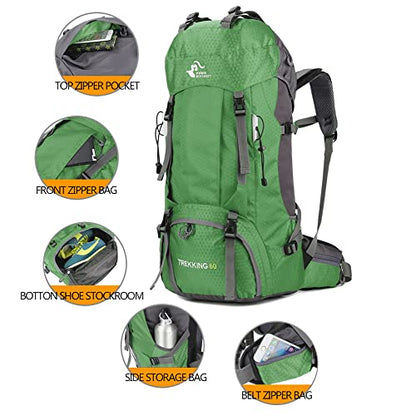Bseash 60L Waterproof Hiking Camping Backpack with Rain Cover, Large Outdoor Sport Travel Daypack Rucksack for Climbing - color: Green