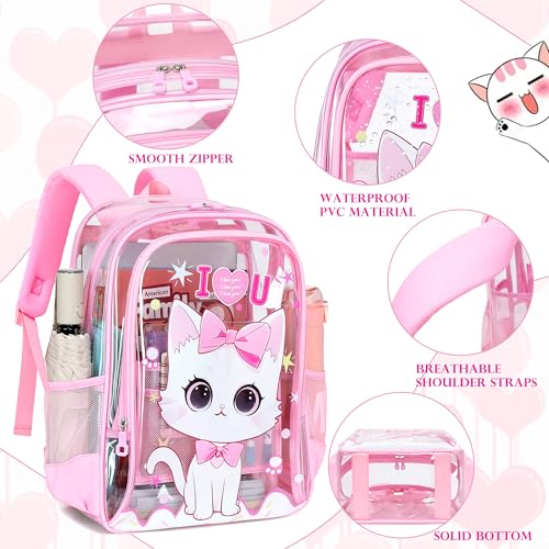 AO ALI VICTORY Clear Backpack for School,PVC Transparent Kids Bookbag for Girls Boys Cute Toddler Back Pack Kindergarten Elementary Schoolbag Stadium Approved See Through Backpacks,Pink Cat - color: Pink Cat