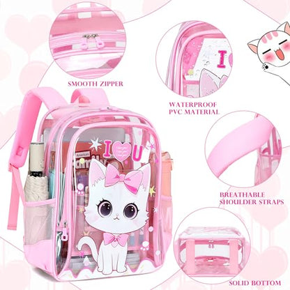 AO ALI VICTORY Clear Backpack for School,PVC Transparent Kids Bookbag for Girls Boys Cute Toddler Back Pack Kindergarten Elementary Schoolbag Stadium Approved See Through Backpacks,Pink Cat - color: Pink Cat