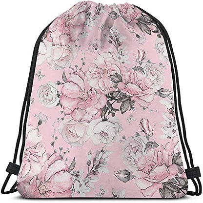 Pink Floral Print Polyester Drawstring Backpack, Unisex, 14x16.9 Inch, Modern Style, Soft Shell, Rectangular Shape, Shoulder Strap, Waterproof, Perfect for Travel, Work, School, Gym - color: Multi-a94
