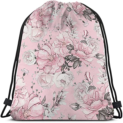 Pink Floral Print Polyester Drawstring Backpack, Unisex, 14x16.9 Inch, Modern Style, Soft Shell, Rectangular Shape, Shoulder Strap, Waterproof, Perfect for Travel, Work, School, Gym - color: Multi-a94