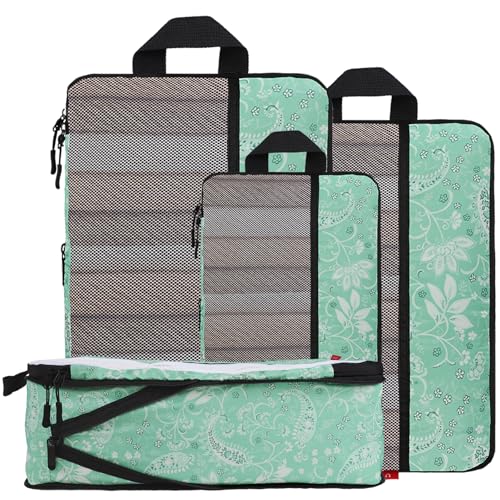 U+U 4 Set Compression Packing Cubes - Ultralight Travel Organizers, Space-Saving Suitcase Organizer, Expandable Packing Cubes for Travel, Business Trip and Family Vacation (Green Paisley) - color: Green Paisley, size: 4 Set