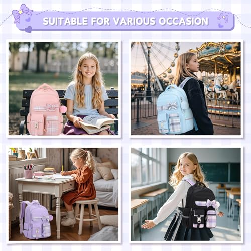 MOONBABY Girls Backpack, Kids Backpack for Girls School Bags with Pen Case, Bow Plaid Book Bag for Elementary Middle Primary High School College, Purple-2pcs - color: Purple