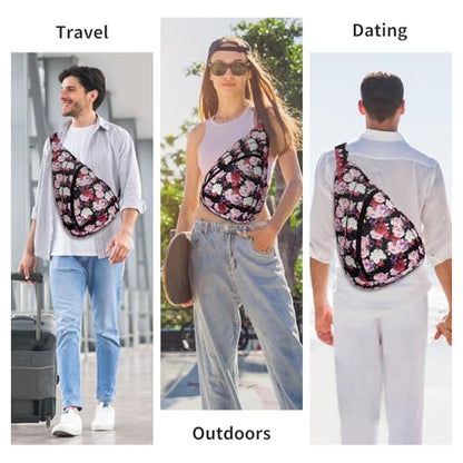 HUA ANGEL Crossbody Sling Bag for Men & Women Lightweight Waterproof Chest Shoulder Bag for Travel Hiking & Everyday Use - color: W-red Purple Flower