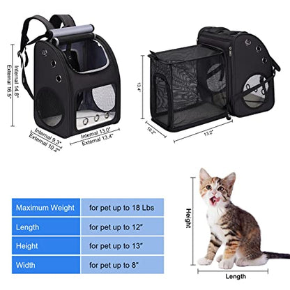 Expandable Cat Backpack Carrier for Small Cats & Pets Up to 18 lbs | Large Space Cat Backpack with Ventilated Breathable, Airline Approved Portable Travel Pet Backpack for Hiking/Camping/ Vet - color: Black-Standard