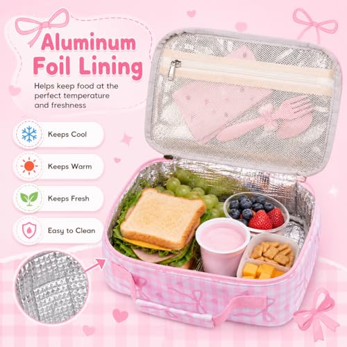 LEDAOU Lunch Box Kids Insulated Lunch Bag Girls Boys Toddler Reusable Lunchbox for School Picnic Hiking (Checkered-Pink Bow) - color: Checkered-Pink Bow