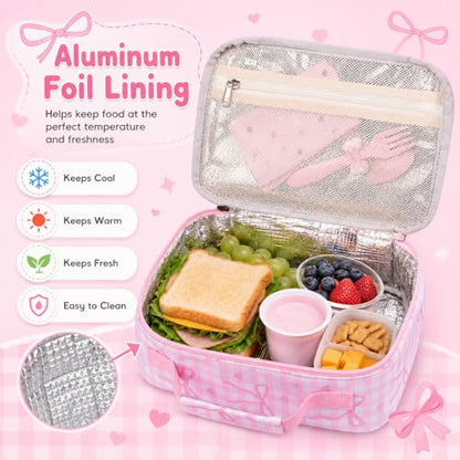 LEDAOU Lunch Box Kids Insulated Lunch Bag Girls Boys Toddler Reusable Lunchbox for School Picnic Hiking (Checkered-Pink Bow) - color: Checkered-Pink Bow