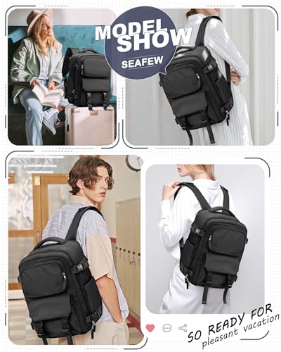 SEAFEW Black Travel Backpack for Women Men, Carry on Backpack Flight Approved Item Bag, Casual Daypacks Cabin Bagage, Hiking Backpack Lightweight Rucksack, Business Laptop Backpack Small