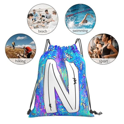 Drawstring Backpack Bag Sport Gym Sackpack Initial Blue Draw String Cinch Bags Bulk String Backpack Storage Bag for Women Men Letters N - color: Letters N