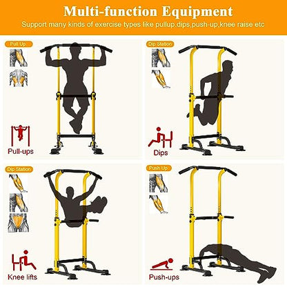 DlandHome Power Tower Pull Up Dip Station Multi-Function Fitness Equipment for Strength Training Adjustable Height Dip Stand for Home Gym - color: Yellow