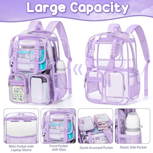 Fimibuke Clear Backpack for Girls - 3 PCS Heavy Duty Kids Clear Bags Schoolbag Large Transparent PVC Bookbag with Lunch Box Pencil Case Set for Travel School Concert Stadium Events Backpacks - color: purple