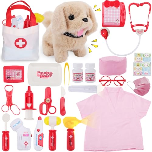 TEUVO Toy Doctor Kit for Girls - Pretend Play Doctor Sets with Dog Toy, Carrying Bag, Stethoscope Toy & Dress Up Costume - Doctor Play Gifts for Kids Toddlers Ages 1 2 3 4 5 6 7 Year Old for Role Play - color: Red