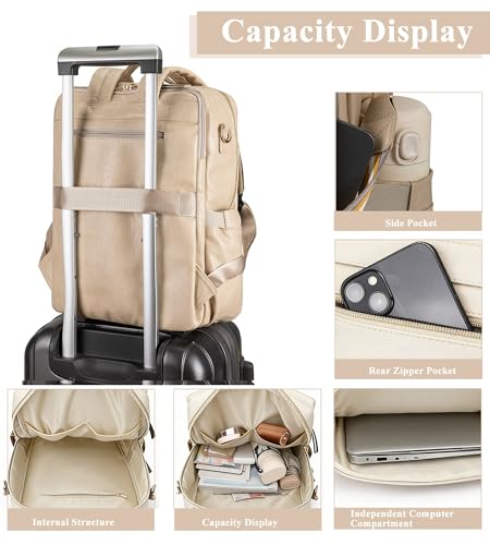 myfriday PU Leather Large Backpack Purse for Women Casual Travel Backpack Convertible Satchel Handbags With Luggage Strap (Biege) - color: Biege