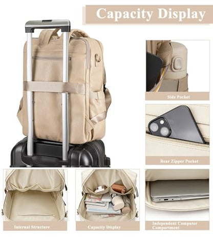myfriday PU Leather Large Backpack Purse for Women Casual Travel Backpack Convertible Satchel Handbags With Luggage Strap (Biege) - color: Biege