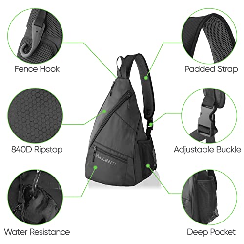 Millenti Sling Bag Crossbody Backpack - Shoulder Chest Casual Daypack Rucksack for Men & Women with a Fence Hook & Water Bottle Holder. Basketball Pickleball Bag Black PB01B