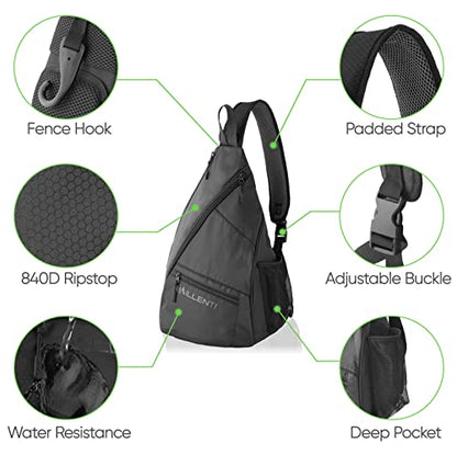 Millenti Sling Bag Crossbody Backpack - Shoulder Chest Casual Daypack Rucksack for Men & Women with a Fence Hook & Water Bottle Holder. Basketball Pickleball Bag Black PB01B