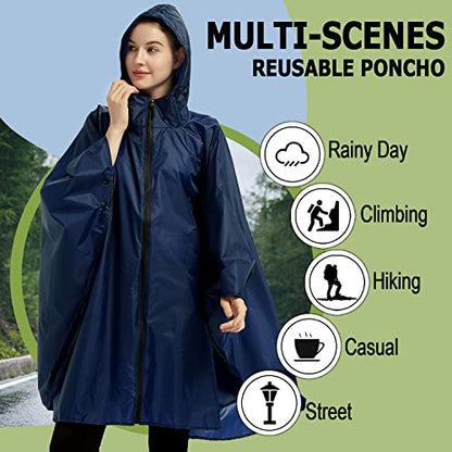 Fashion Hooded Rain Poncho Waterproof Raincoat Jacket with pocket for Women/Men/Adult - color: Blue