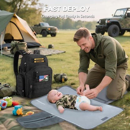 MIRACOL Military Diaper Bag for Dad: Tactical Design with Changing Pad & Daddy Patches - Pride Solution for Veteran Fathers in Baby Outings - color: Black W/ Changing Mat