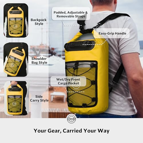 STOVER 5/10/25/30/40/55L Waterproof Dry Bag- Roll-Top Backpack w/Phone Case- Kayaking, Hiking, Camping, Boating- Men/Women - color: 25l Yellow (With Phone Case), size: 25L