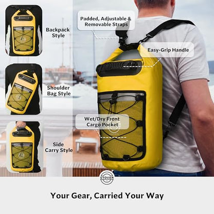 STOVER 5/10/25/30/40/55L Waterproof Dry Bag- Roll-Top Backpack w/Phone Case- Kayaking, Hiking, Camping, Boating- Men/Women - color: 25l Yellow (With Phone Case), size: 25L