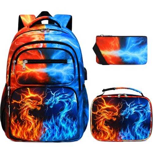 Bevalsa Backpack for Boys, Lightning School Bags with Lunch Bag & Pen Case for Kids, Bookbag for Boys Teens Elementary Middle High School - color: Orange Blue