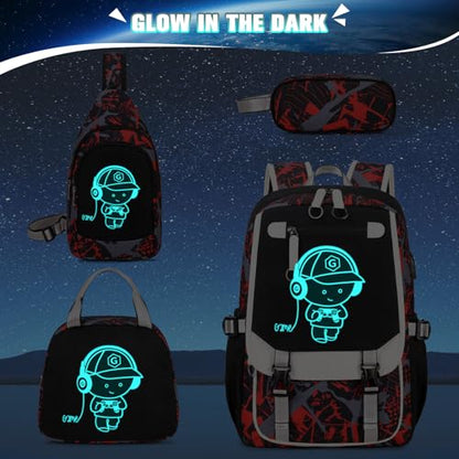 Bevalsa Backpack for Boys, Cool Luminous Boys Backpack with Sling Bag, Lunch Box & Pen Case, School Bags for Kids Children Teens Elementary Middle Schools, Bookbag Glow In The Dark (Red) - color: Red