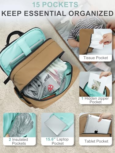 MOMINSIDE Diaper Bag Backpack - Large Puffer Diaper Bag - Neoprene Diaper Bag Quilted Baby Bag, Large Changing Pad, 15 Pockets, Lightweight, Brown - color: Brown
