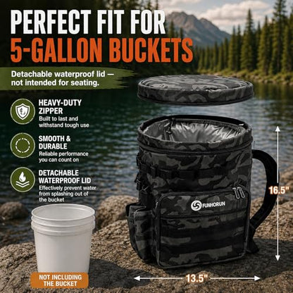 FUNHORUN Fishing Bucket Organizer for 5 Gallon Bucket, Fishing Tackle Bag with Backpack Straps, Detachable Lid & Multi-Pockets for Storage, Full Water-Resistant (Bucket, Seat & Tools Not Included) - style: Basic (Bucket, Seat & Tools Not Included)