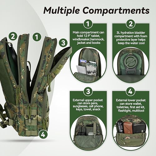 MARCHWAY Tactical Molle Hydration Pack with 3L TPU Water Bladder, Military Backpack for Backpacking, Hiking, Running, Cycling