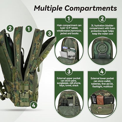 MARCHWAY Tactical Molle Hydration Pack with 3L TPU Water Bladder, Military Backpack for Backpacking, Hiking, Running, Cycling