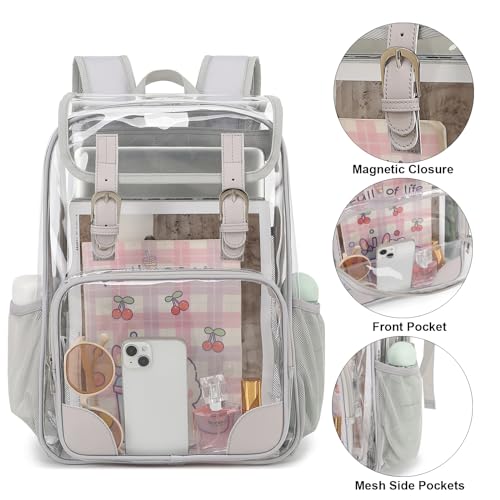 Fuyicat Clear Backpack Heavy Duty PVC Transparent Girls Kids School Backpacks Stadium Approved See Through College Bookbag for Women (Light Grey), Large - color: Light Grey