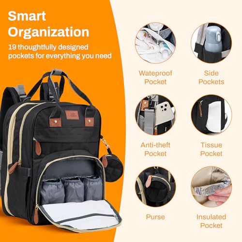 Diaper Bag Backpack with Changing Station – Large Baby Diaper Bag with 19 Pockets, USB Port, Waterproof, Insulated Bottle Holders, Stroller Straps – Travel Maternity Bag – Black - color: Black