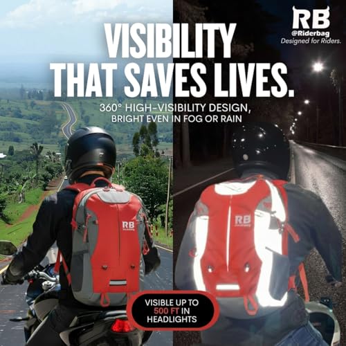 riderbag Reflective Motorcycle Backpack, Hi Viz Commuter Riding Bag | Designed by Riders for Everyday Rides with Laptop Compartment and Helmet Net. Built to Help You Be Seen. - color: Red
