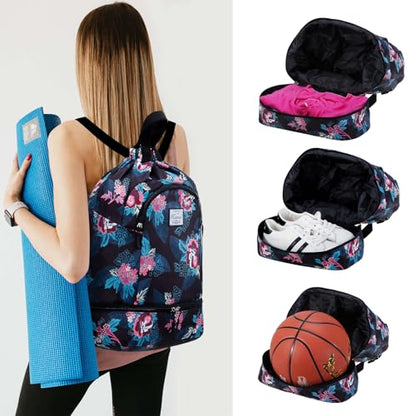 Kamo Drawstring Backpack Bag - Sport Swimming Yoga Backpack with Shoe Compartment, Two Water Bottle Holder for Men Women Large String Backpack Athletic Sackpack for Travel - color: Blue Leaves