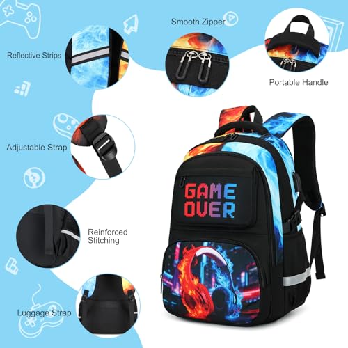 3PCS School Backpack for Boys, Cool Gamer Boys Backpack with Lunch Box and Pencil Case for Kids Kindergarten Teens Elementary Middle School Bag with Convenient Charging Port,Gaming Bookbag Waterproof - color: Red & Blue Flame Headphones