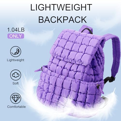 XSUIOY Quilted Backpack Purse for Women Small Lightweight Puffer Puffy College Laptop Backpack Nylon Casual Bookbag Daypack Top Flap Drawstring Padding Hiker Travel Gym Backpack(Purple) - color: Purple