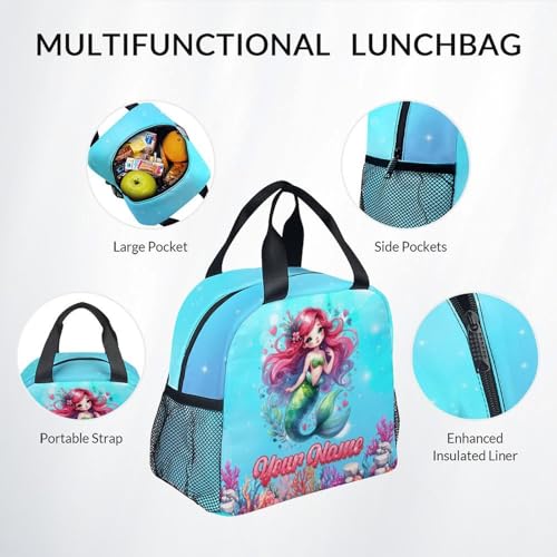 Mercuryelf Personalized Mermaid Backpack for Girls 3PCS Kids Backpack Set with Lunch Bag & Pencil Case, 17 Inch School Bookbag for Elementary Kindergarten - color: Black