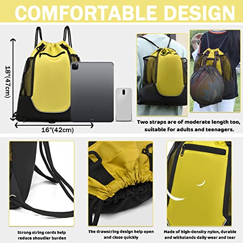 STAY GENT Drawstring Basketball Backpack for Boys, Foldable Soccer Backpack Gym Bag Sackpack Sports Sack with Detachable Ball Mesh Bag for Volleyball Baseball Yoga - color: Yellow