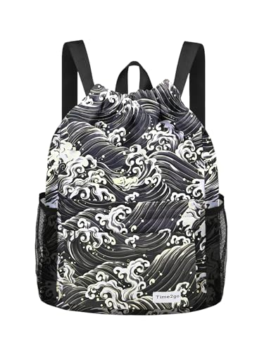 Waterproof Drawstring Backpack Sports Gym Sackpack with Mesh Pockets Water-Resistant String Cinch Beach Bag for Men Women - color: Print - Black Waves