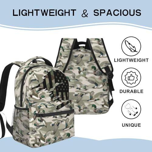 Wild Duck Camo Backpack for Boys Camo Hunter American Flag Duck School Bag for Elementary Middle School Daypack Travel Bookbag for Age 6-18 Teen Kids Back Pack - color: Wild Duck