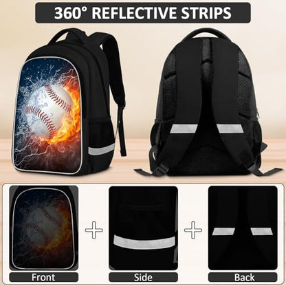 School Backpack for Boys - 4pcs Baseball Boys Backpack with Lunch Box and Pencil Case for Kids Children Teens Elementary Middle School - Students Bag for Ages 6-18,17″Bookbag Travel Back Pack - color: Baseball-03-backpack Set