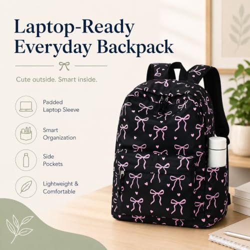 Bluboon School Backpack for Teen Girls Women Laptop Backpack College Bookbags Middle School Travel Work Commuter Back Pack - color: Black Base Pink Bow & Heart