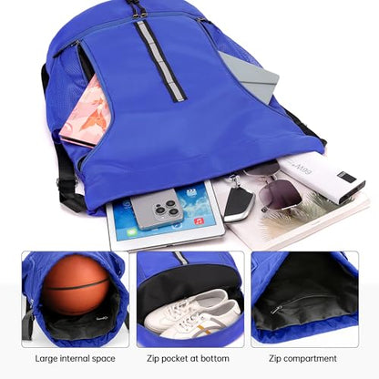 Sport Gym Bag Drawstring Backpack Beach Bag for Men Women with Shoe Compartment and Reflective Strips (Blue) - color: Blue