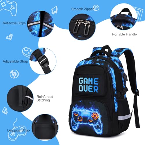 3PCS School Backpack for Boys, Cool Gamer Boys Backpack with Lunch Box and Pencil Case for Kids Kindergarten Teens Elementary Middle School Bag with Convenient Charging Port,Gaming Bookbag Waterproof - color: Blue Flame