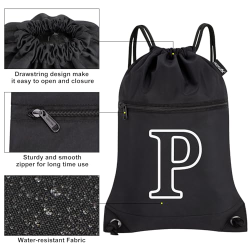 HOLYLUCK Drawstring Bags Initial Backpack Sackpack Cinch Bags for Sports, Gym, Travel, Beach (Black-P) - color: Black-p