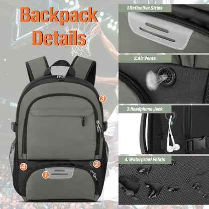 OCKLILY Basketball Backpack - Large Sports Equipment Bag with Ball Holder & Shoe Compartment, Sport Bags for Basketball, Soccer, Volleyball, Gym, School and Travel, 30L - color: Grey