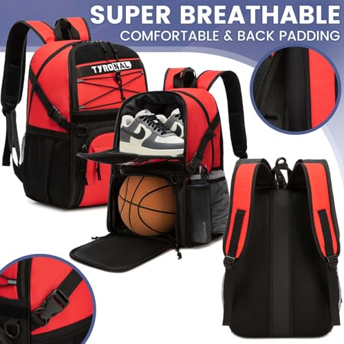 Basketball Bag Backpack with Ball Holder and Shoes Compartment - color: Red