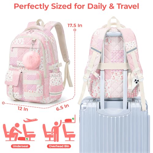 Quilted Backpack for Teen Girls,Cute Pink Patchwork School Backpack with Multi-Pocket Design,Lightweight Cotton Bookbag Fits 15.6" Laptop,Large Capacity Aesthetic Backpack with Plush Charm - color: Pink Patchwork